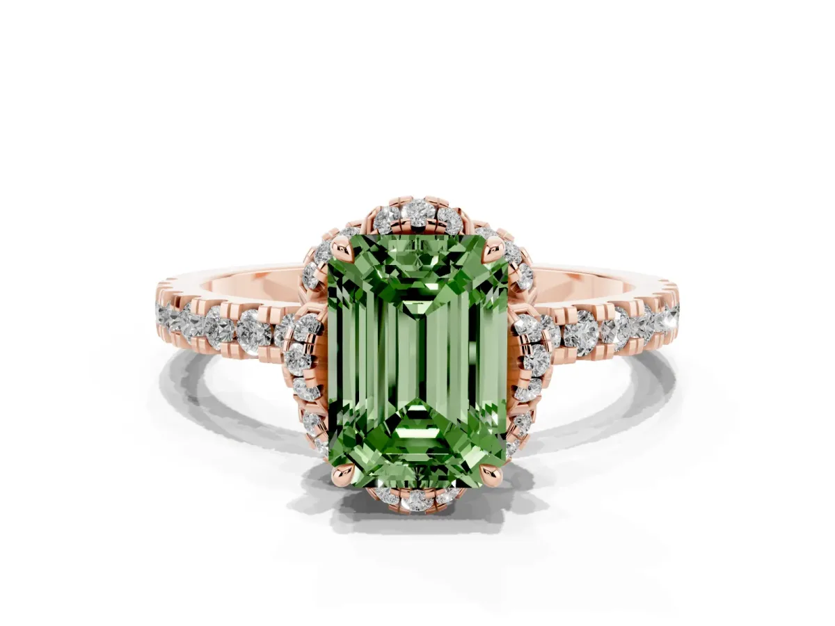 Fancy Green Emerald Cut Halo Diamond Pave Band Ring with Four-Prong Setting Rose gold