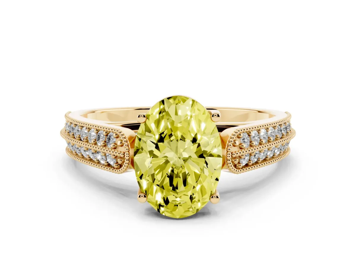 Fancy Yellow Oval Cut Cut Pave Split Shank Engagement Ring with Four-Prong Setting Yellow gold