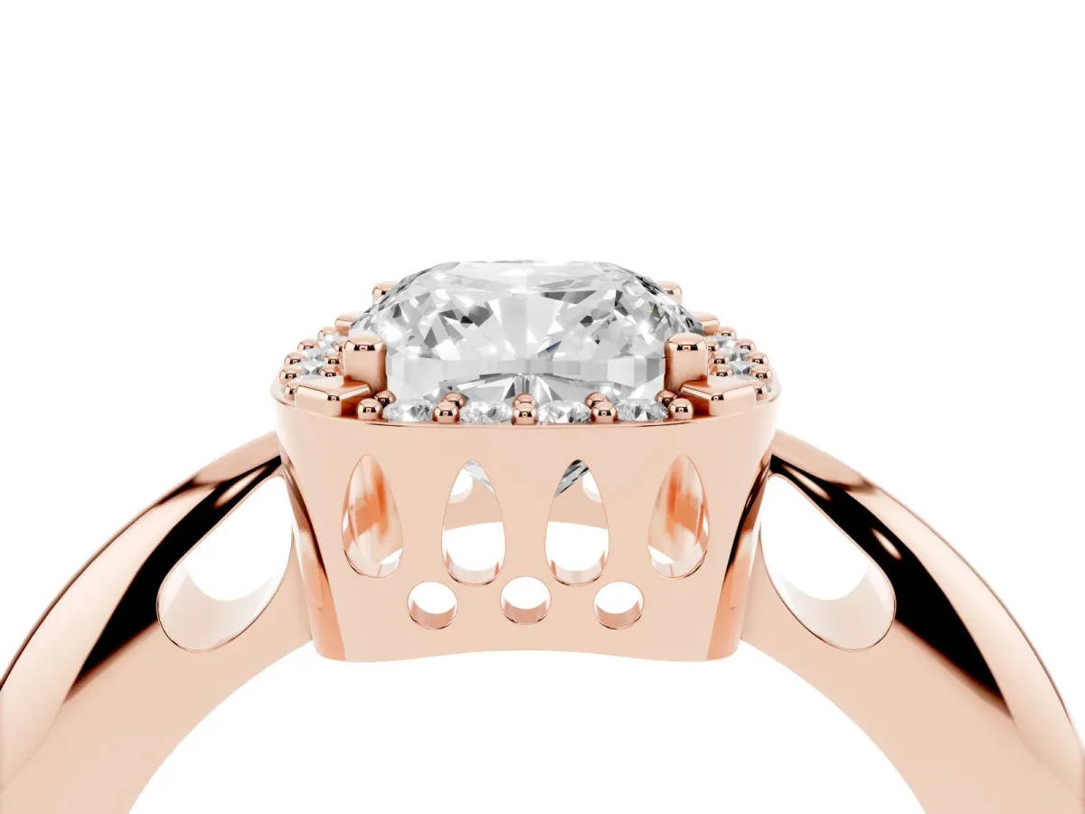 Cushion Cut Cut Diamond Halo Engagement Ring with Split Shank and Four-Prong Setting Rose gold