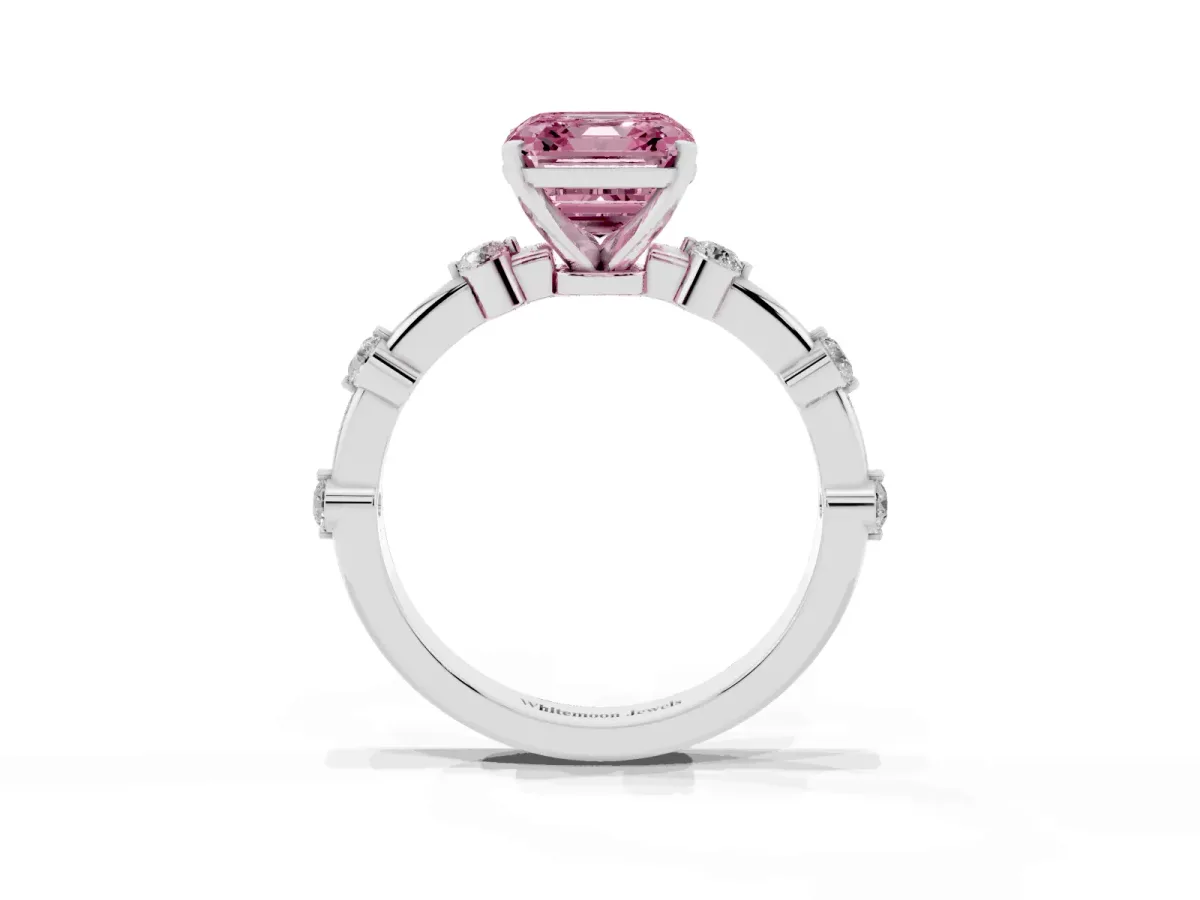 Fancy Pink Asscher Cut Solitaire Diamond Ring with Bezel Set Side Stones and Prong Setting Silver