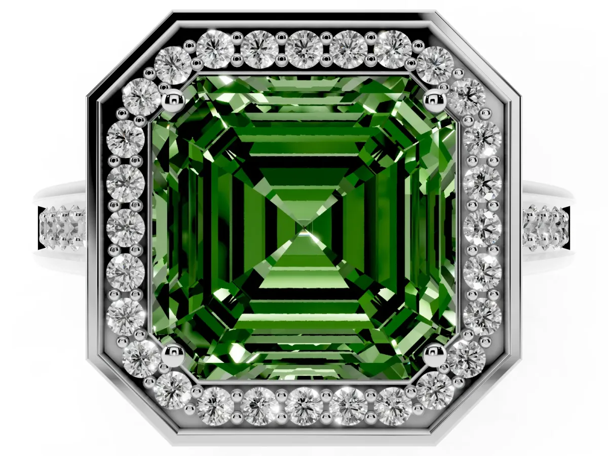 Fancy Green Asscher Cut Halo Solitaire Diamond Ring with Pave Band and Bezel Setting Platinum