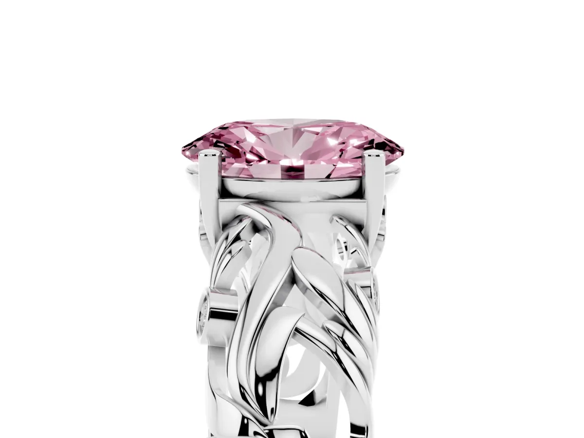 Fancy Pink Oval Cut Solitaire Diamond Leaf-Inspired Vine Band Ring with Prong Setting Silver