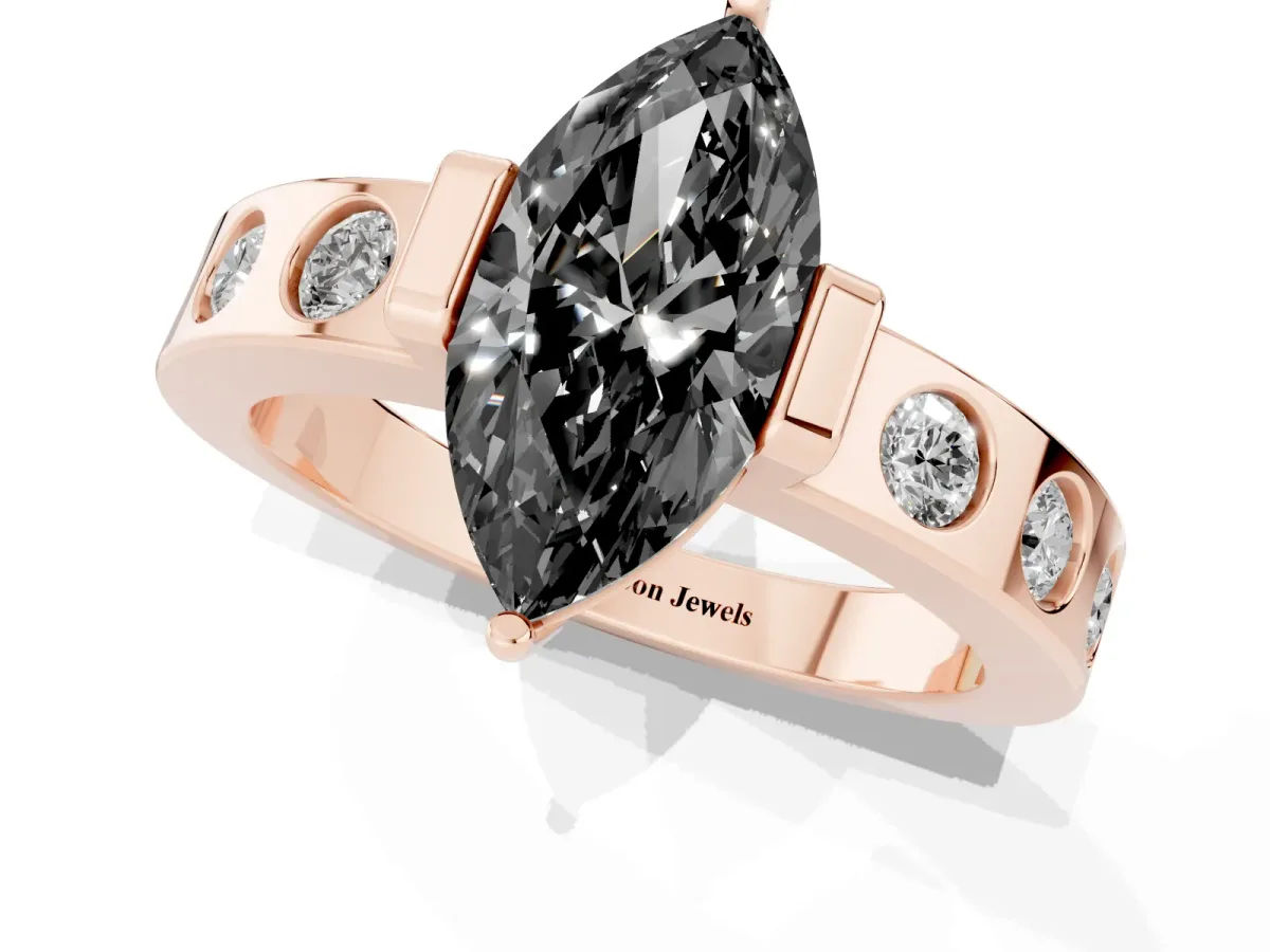 Fancy Black Marquise Cut Brilliant Channel-Set Diamond Ring with Bezel Prong Setting Rose gold
