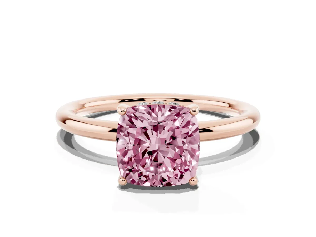 Fancy Pink Cushion Cut Solitaire Diamond Ring with a Classic Band and Four-Prong Setting Rose gold