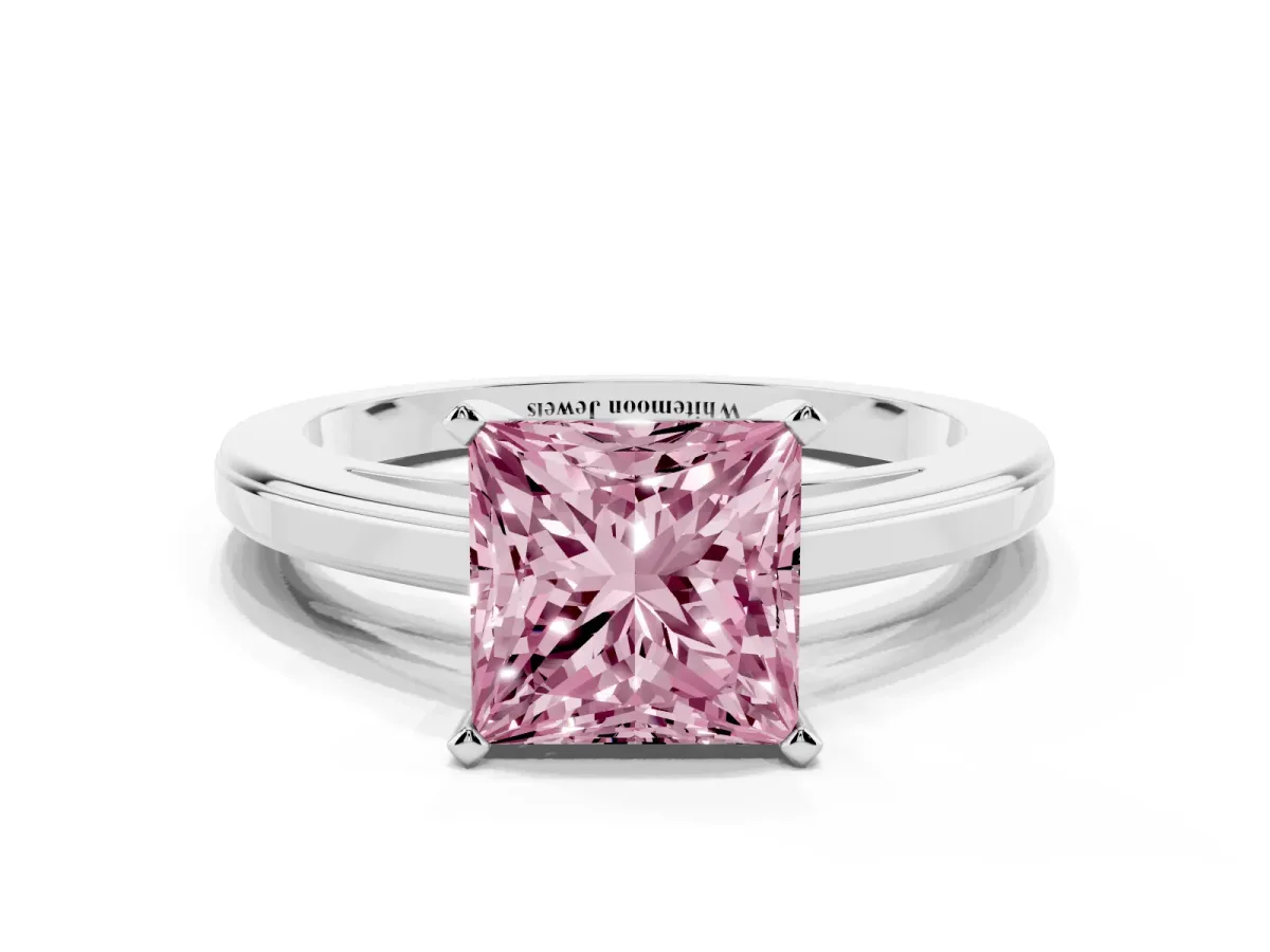 Fancy Pink Princess Cut Solitaire Diamond Ring with Four-Prong Setting and Classic Band Silver