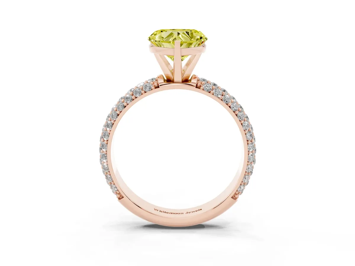 Fancy Yellow Heart Cut Diamond Solitaire Ring with Prong Setting and Pavé Band Rose gold