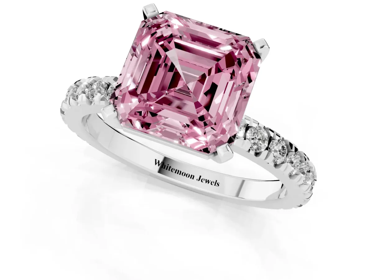 Fancy Pink Asscher Cut Diamond Pavé Band Solitaire with Four-Prong Setting Silver