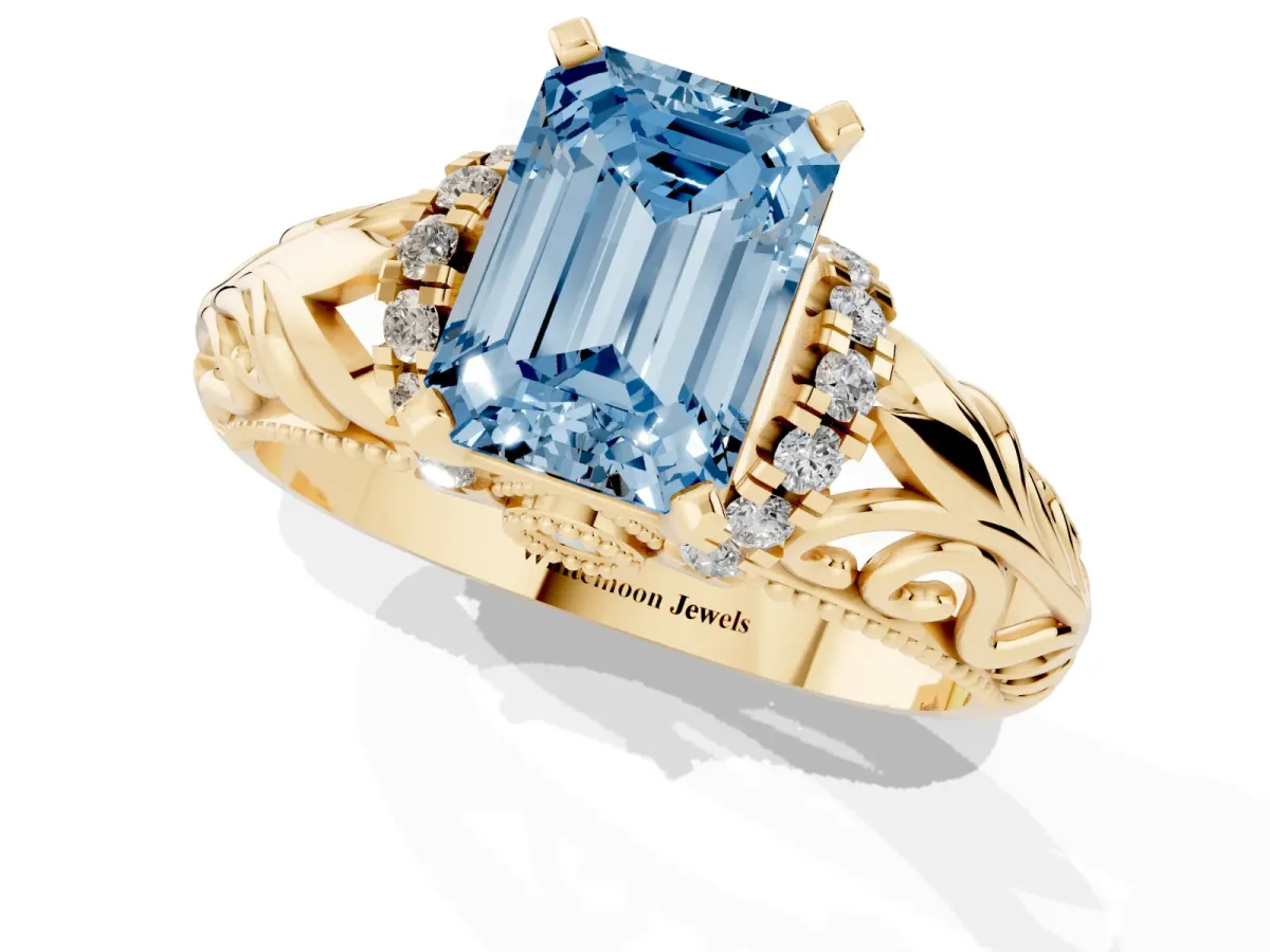 Fancy Blue Emerald Cut Solitaire Filigree Engagement Ring with Halo and Prong Setting Yellow gold