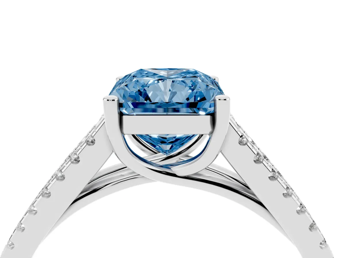 Fancy Blue Radiant Cut Diamond Solitaire Engagement Ring with Split Shank Pavé Band Platinum
