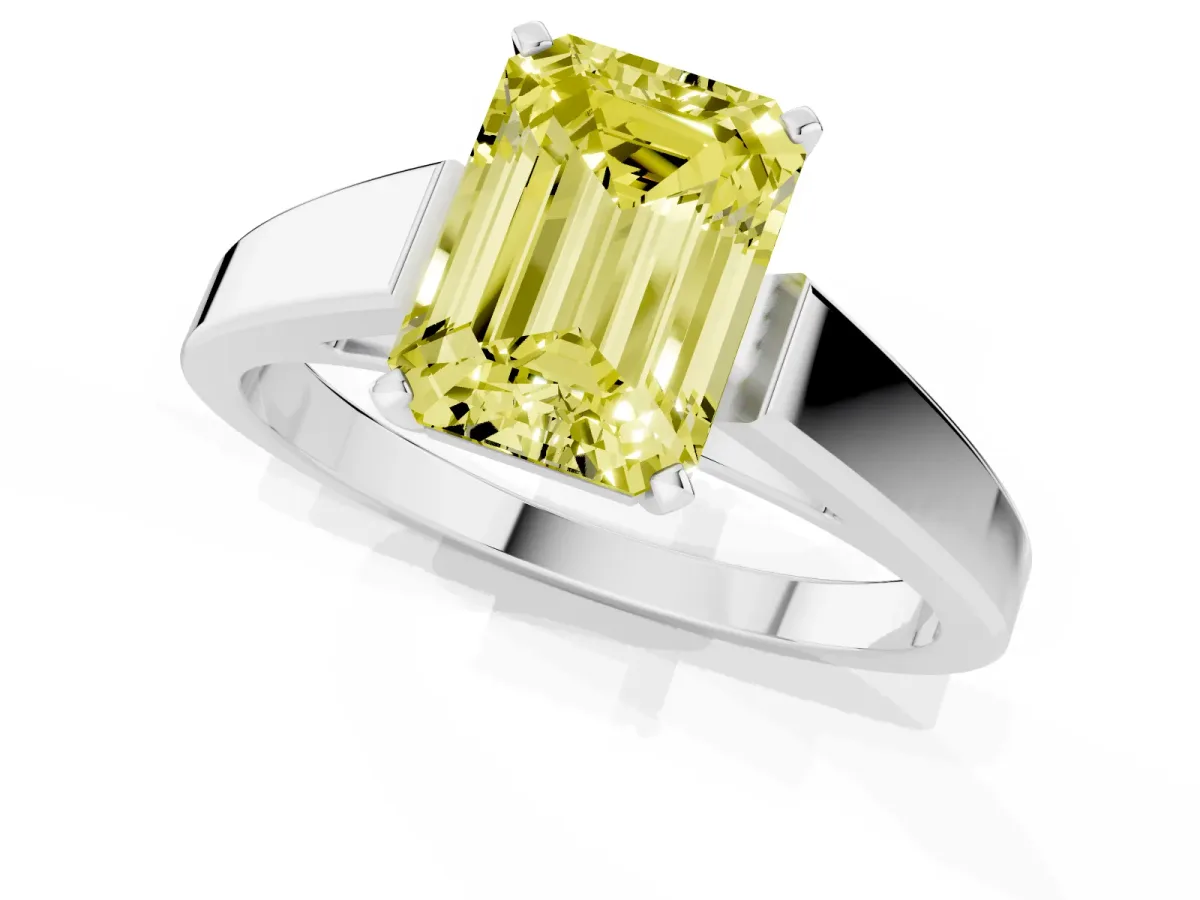 Fancy Yellow Emerald Cut Solitaire Engagement Ring with Four-Prong Setting and Tapered Band Silver