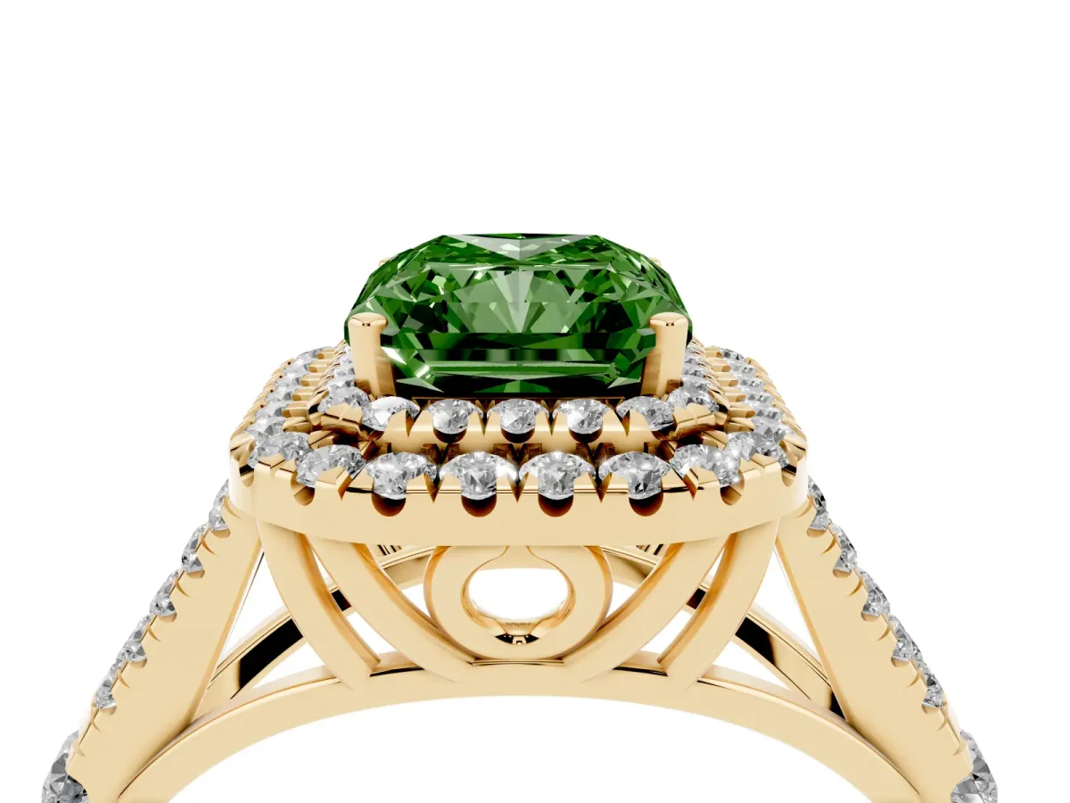 Fancy Green Radiant Cut Cut Double Halo Split Shank Diamond Ring with Prong Setting Yellow gold