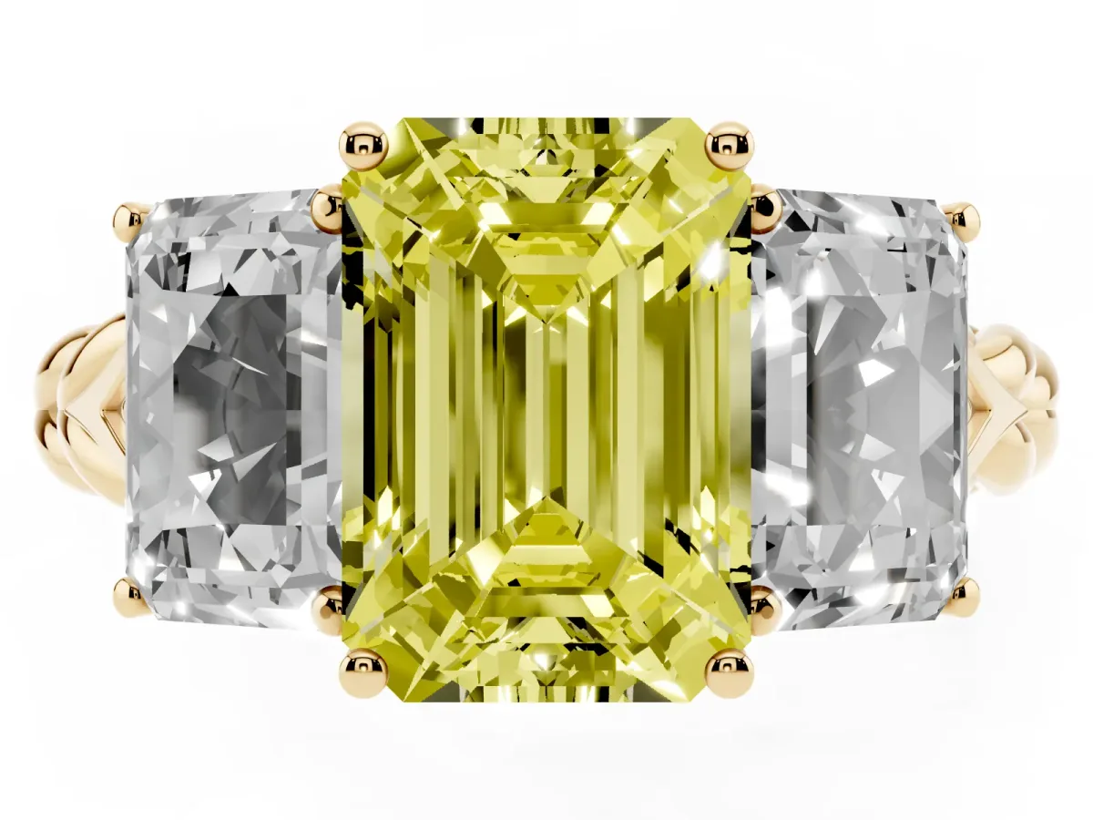 Fancy Yellow Three-Stone Radiant Cut Diamond Braided Band Ring with Four-Prong Setting Yellow gold