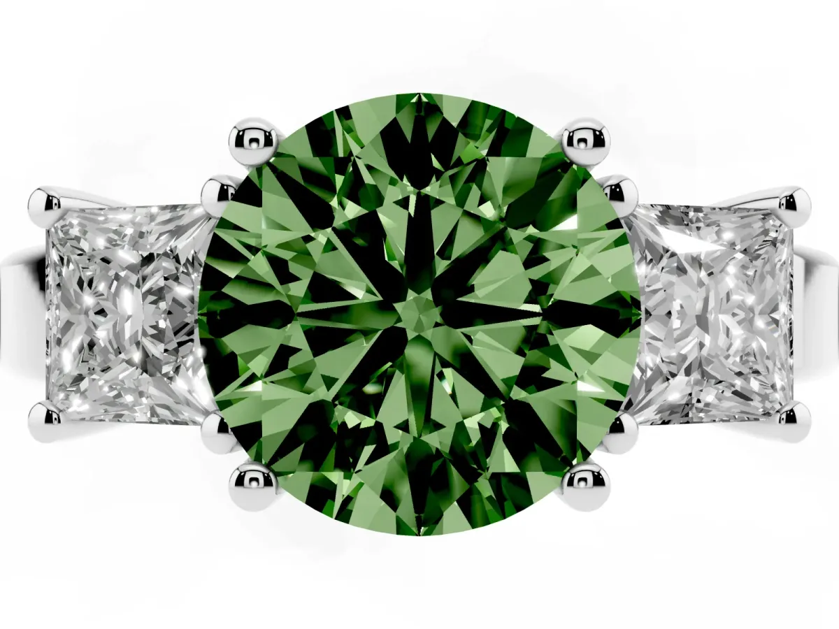 Fancy Green Three-Stone Round Cut Cut Solitaire Ring with Prong Setting Platinum