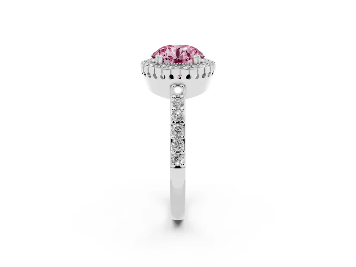 Fancy Pink Round Cut Cut Diamond Halo Engagement Ring with Milgrain Detail and Pavé Band Silver