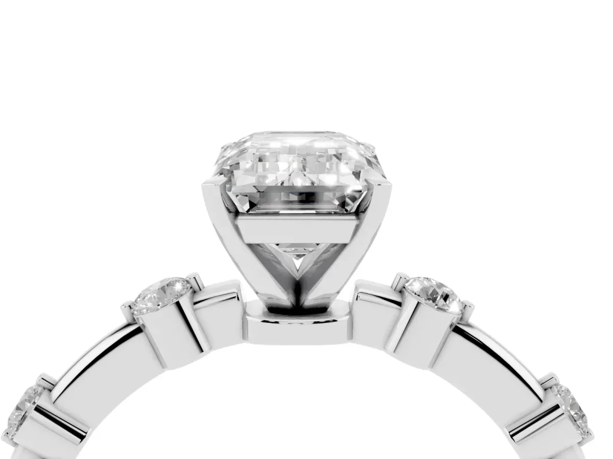 Emerald Cut Solitaire Diamond Ring with Bezel Set Side Stones and Prong Setting Platinum