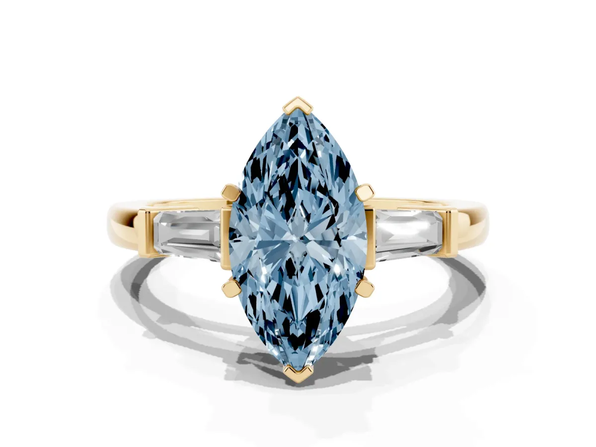 Fancy Blue Marquise Cut Cut Diamond Solitaire Ring with Tapered Baguette Accents and Four-Prong Setting Yellow gold