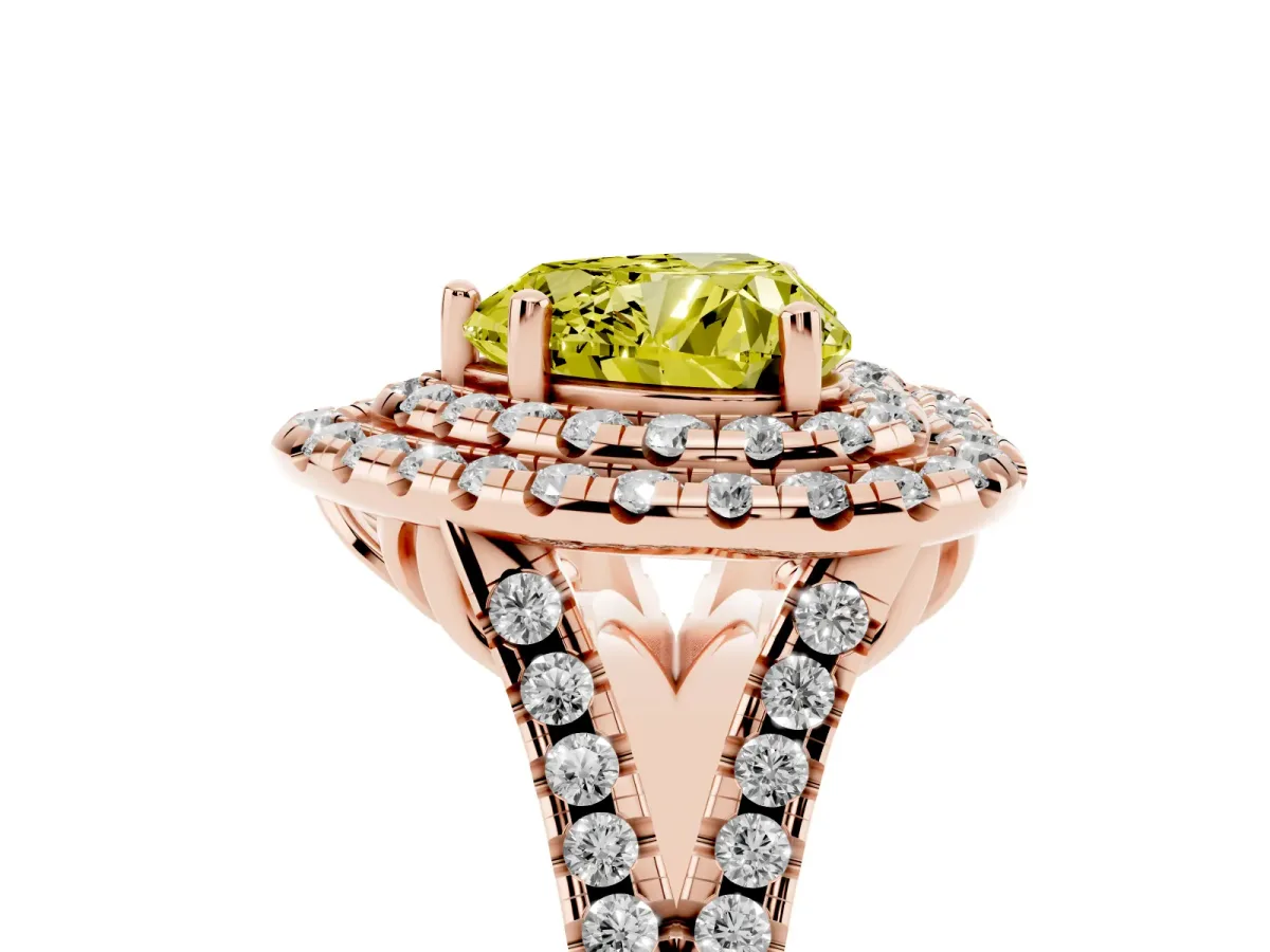 Fancy Yellow Double Halo Heart Cut Diamond Pavé Split Shank Ring with Prong Setting Rose gold