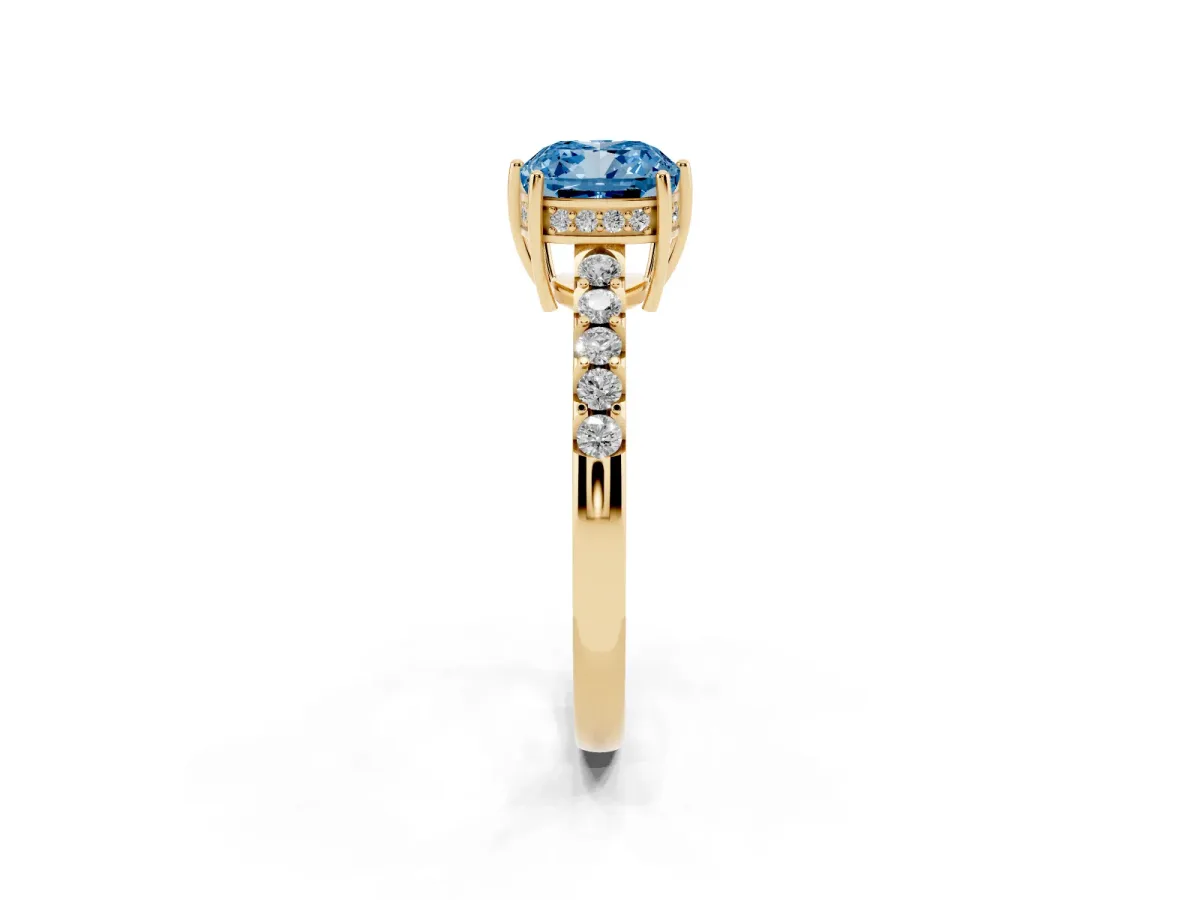 Fancy Blue Cushion Cut Solitaire Diamond Engagement Ring with Pavé Band and Six-Prong Setting Yellow gold