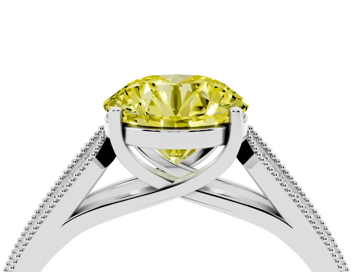 Fancy Yellow Round Cut Cut Pave Split Shank Engagement Ring with Four-Prong Setting White gold