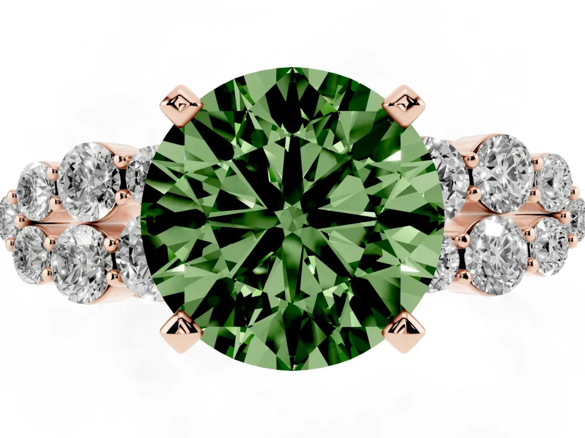 Fancy Green Round Cut Cluster Diamond Engagement Ring with Pavé Band and Four-Prong Setting Rose gold