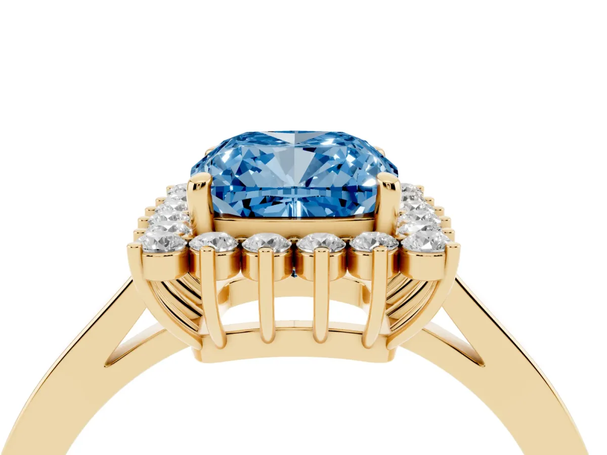 Fancy Blue Cushion Cut Cut Diamond Halo Ring with Round Brilliant Halo and Solitaire Band Yellow gold