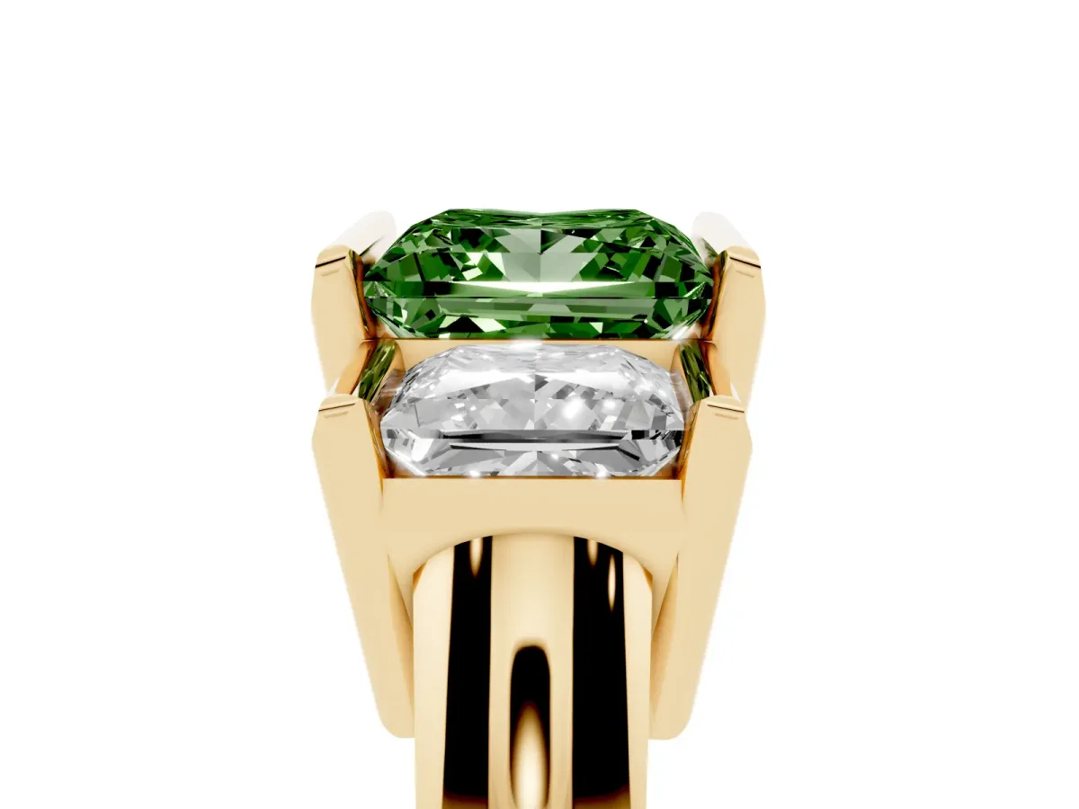 Fancy Green Three Stone Princess Cut Cut Channel Set Diamond Ring Yellow gold