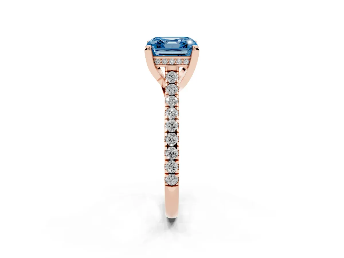 Fancy Blue Asscher Cut Brilliant Diamond Solitaire with Pavé Band and Four-Prong Setting Rose gold