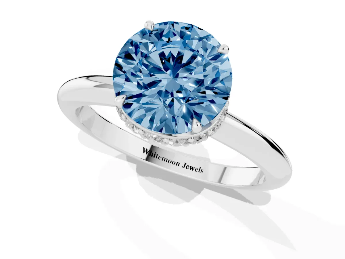 Fancy Blue Round Cut Brilliant Solitaire Engagement Ring with Six-Prong Setting and Classic Band White gold