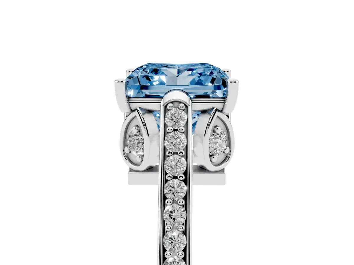 Fancy Blue Princess Cut Cut Cathedral Pave Diamond Engagement Ring with Six-Prong Setting Silver