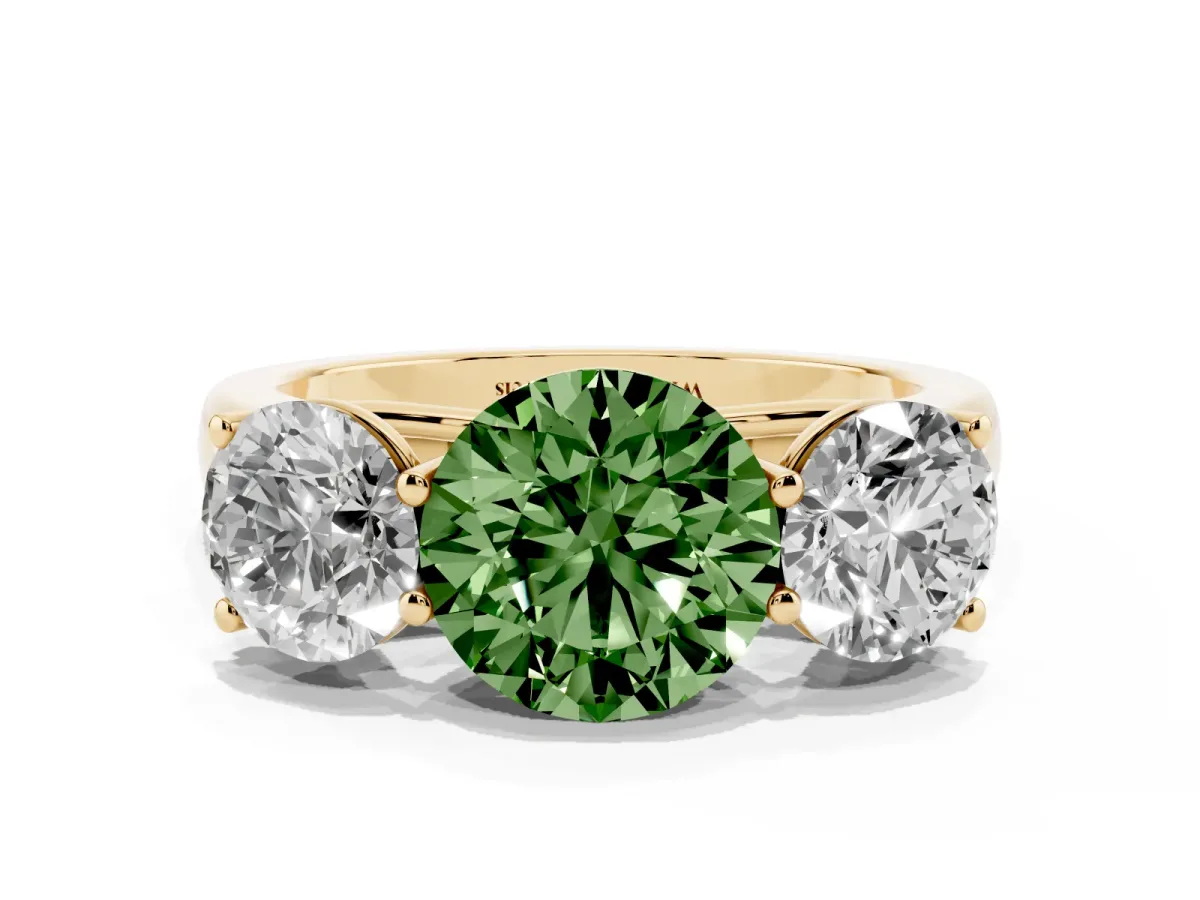 Fancy Green Round Cut Three-Stone Diamond Ring with Prong Setting on a Classic Band Yellow gold