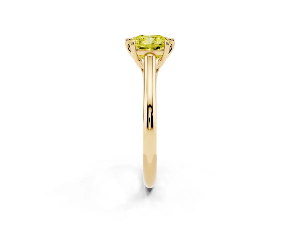 Fancy Yellow Cushion Cut Solitaire Engagement Ring with Six-Prong Setting and Classic Band Yellow gold