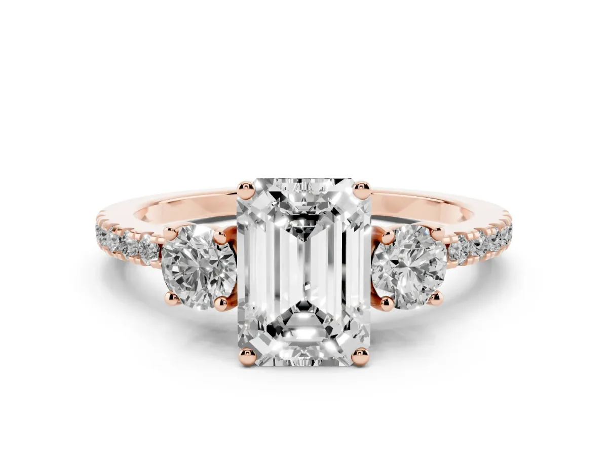 Three-Stone Emerald Cut Cut Diamond Pavé Band with Prong Setting Rose gold
