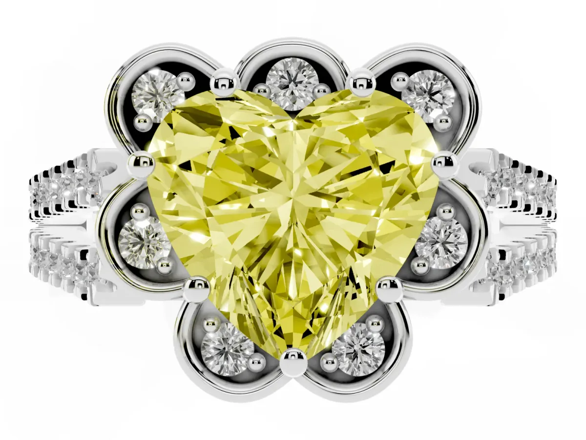 Fancy Yellow Heart Cut Halo Diamond Floral Split Shank Engagement Ring Silver