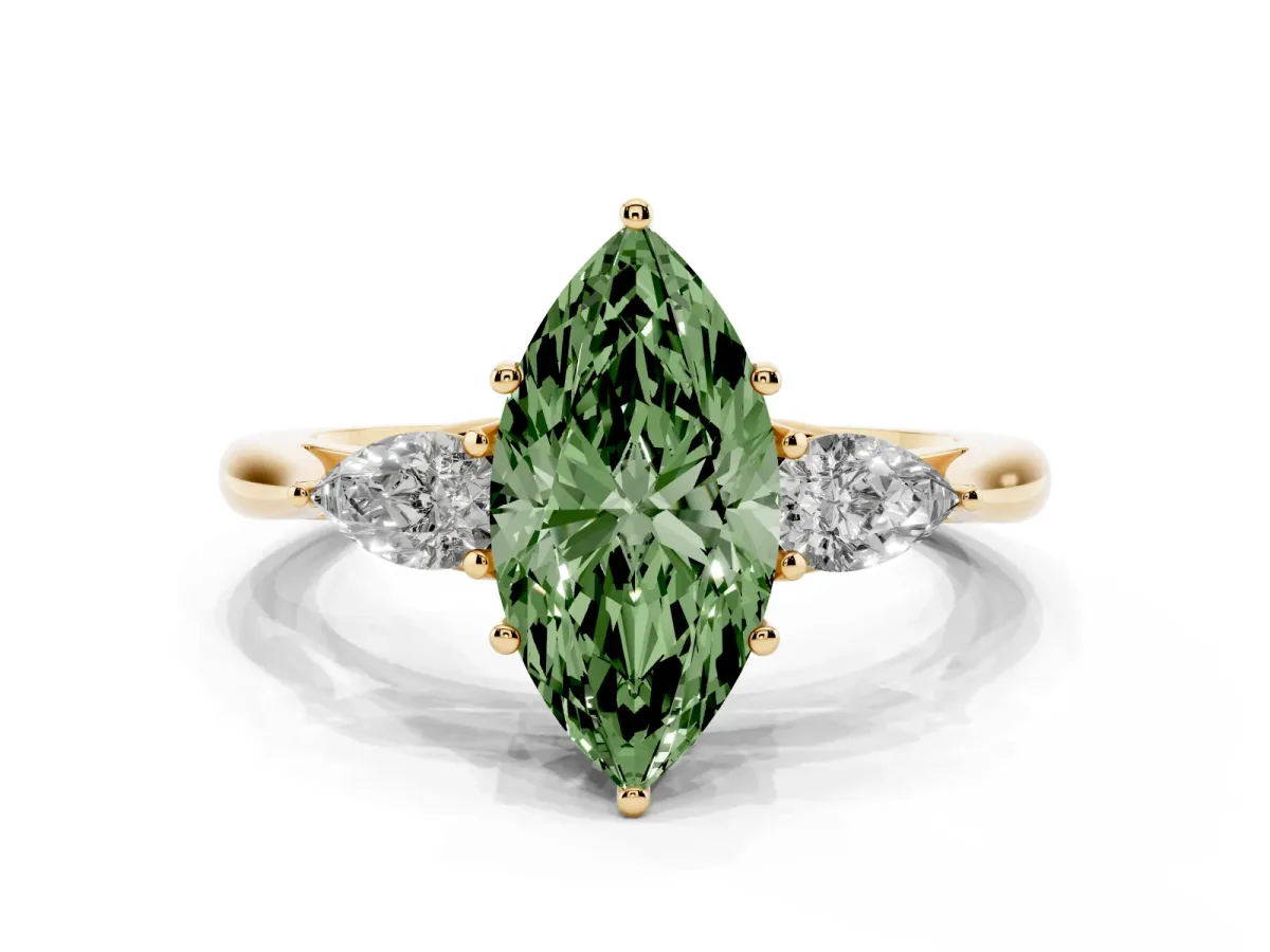 Fancy Green Marquise Cut Diamond Three-Stone Ring with Pear Side Stones and Prong Setting Yellow gold