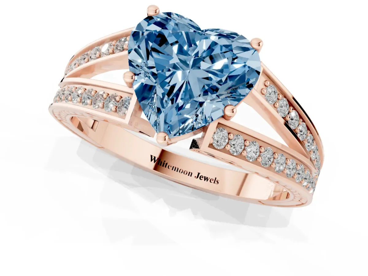 Fancy Blue Heart Cut Diamond Split Shank Ring with Pavé Band and Four-Prong Setting Rose gold
