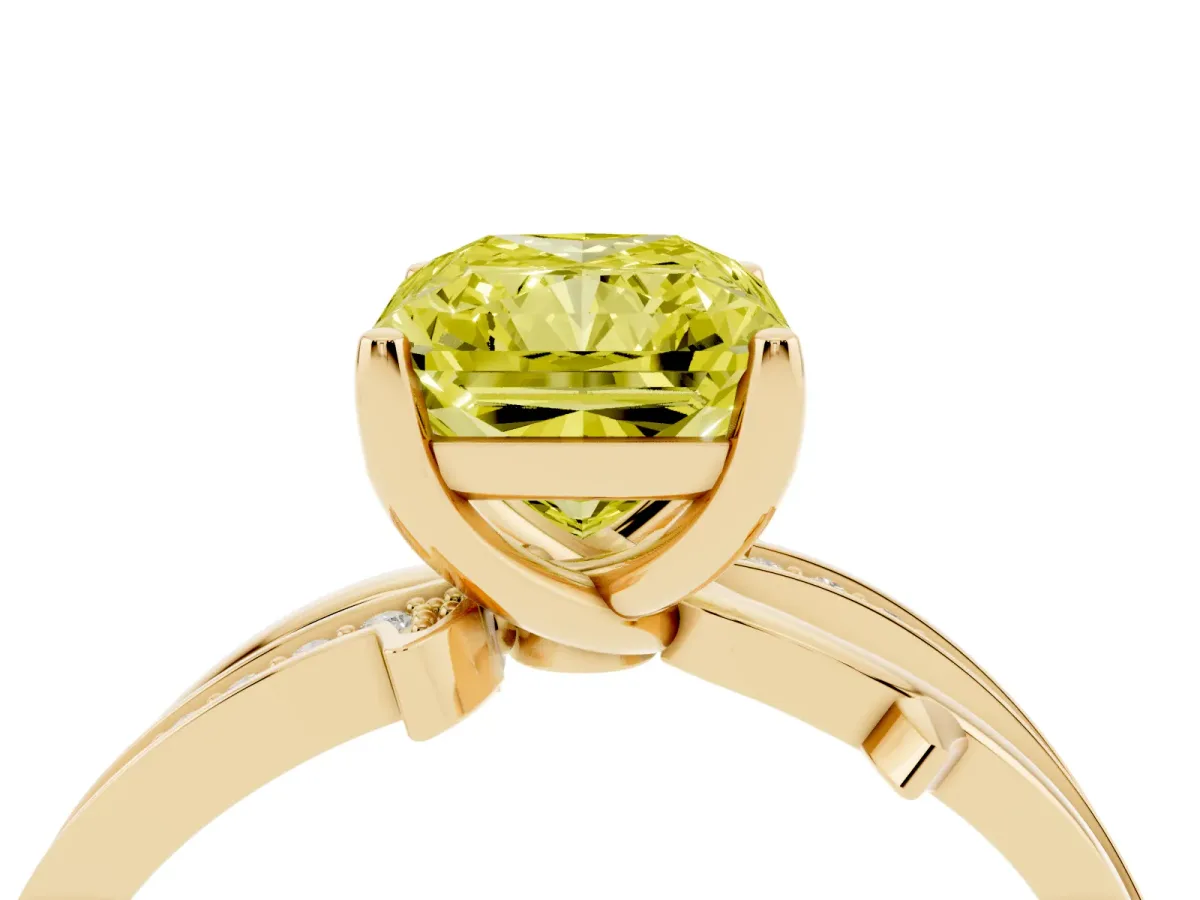 Fancy Yellow Radiant Cut Solitaire Twist Band with Pavé Accents and Four-Prong Setting Yellow gold