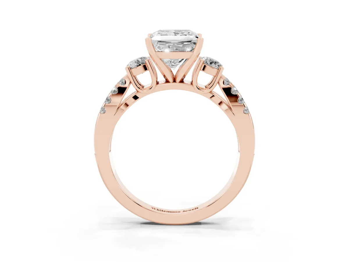Princess Cut Diamond Three-Stone Ring with Pavé Split Shank and Four-Prong Setting Rose gold