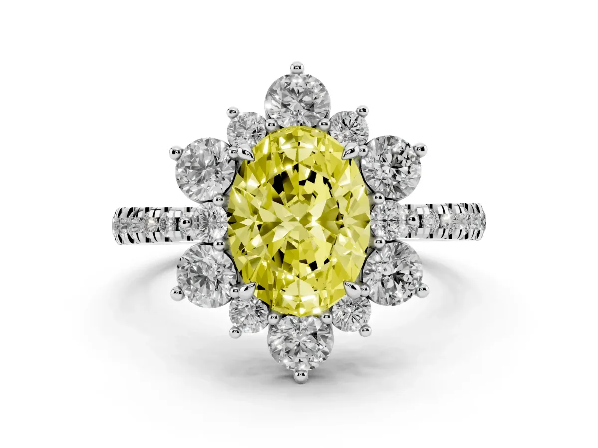 Fancy Yellow Oval Cut Diamond Floral Halo Ring with Round Pavé Band and Prong Setting Silver
