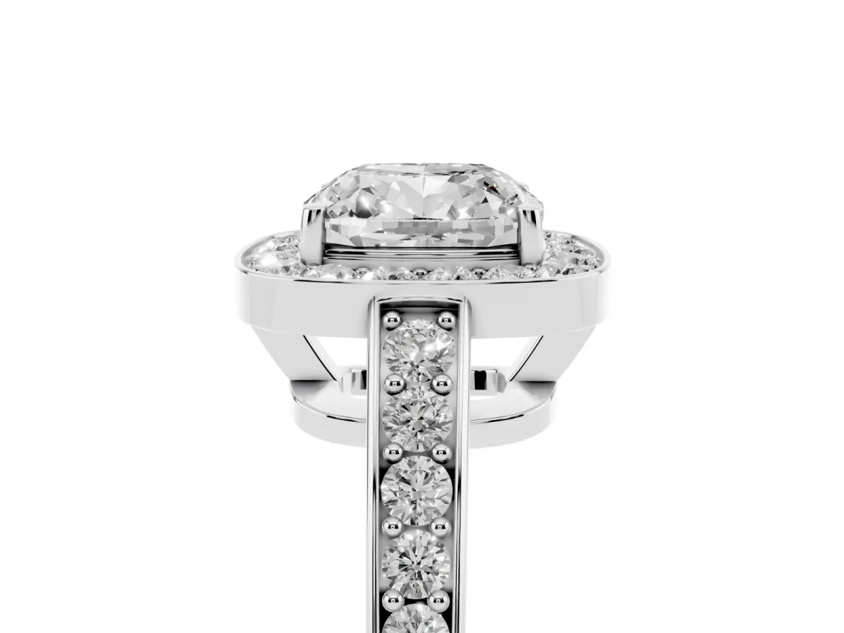Cushion Cut Halo Pavé Diamond Engagement Ring with Bezel Setting Silver