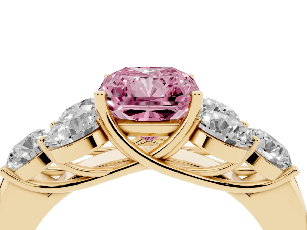Fancy Pink Radiant Cut Cut Diamond Cluster Ring with Round Accent Stones and Prong Setting on a Classic Band Yellow gold