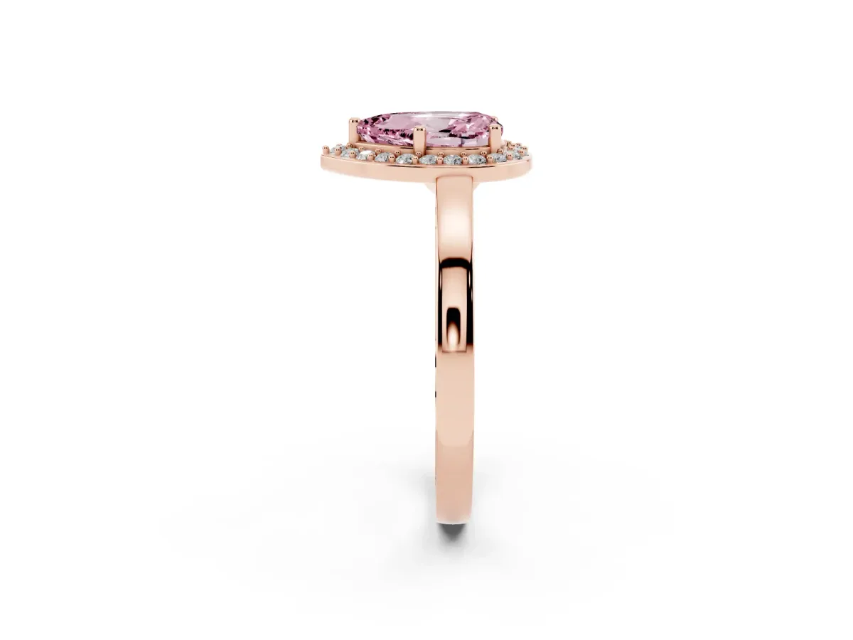 Fancy Pink Pear Cut Halo Diamond Ring with Solitaire Band and Prong Setting Rose gold
