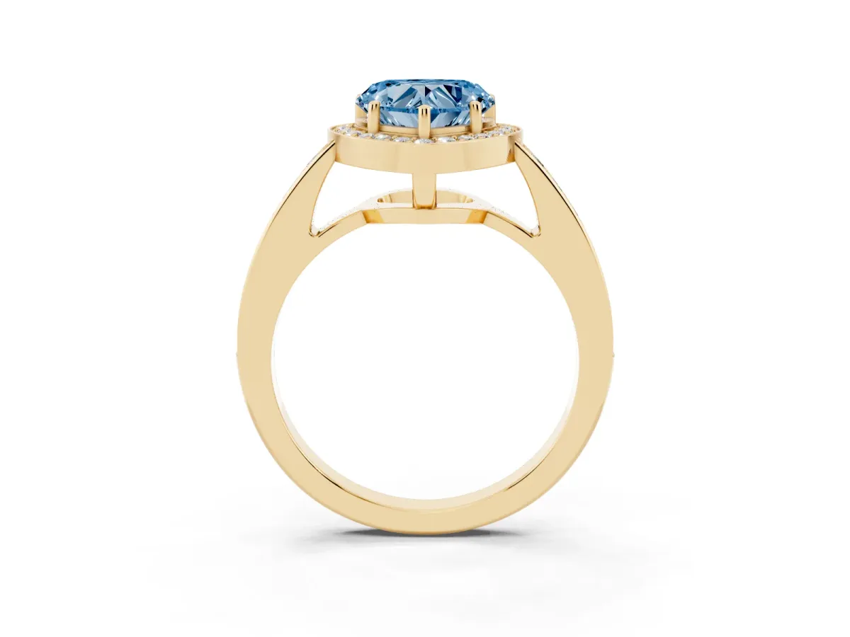 Fancy Blue Heart Cut Halo Pavé Diamond Engagement Ring with Bezel Setting Yellow gold