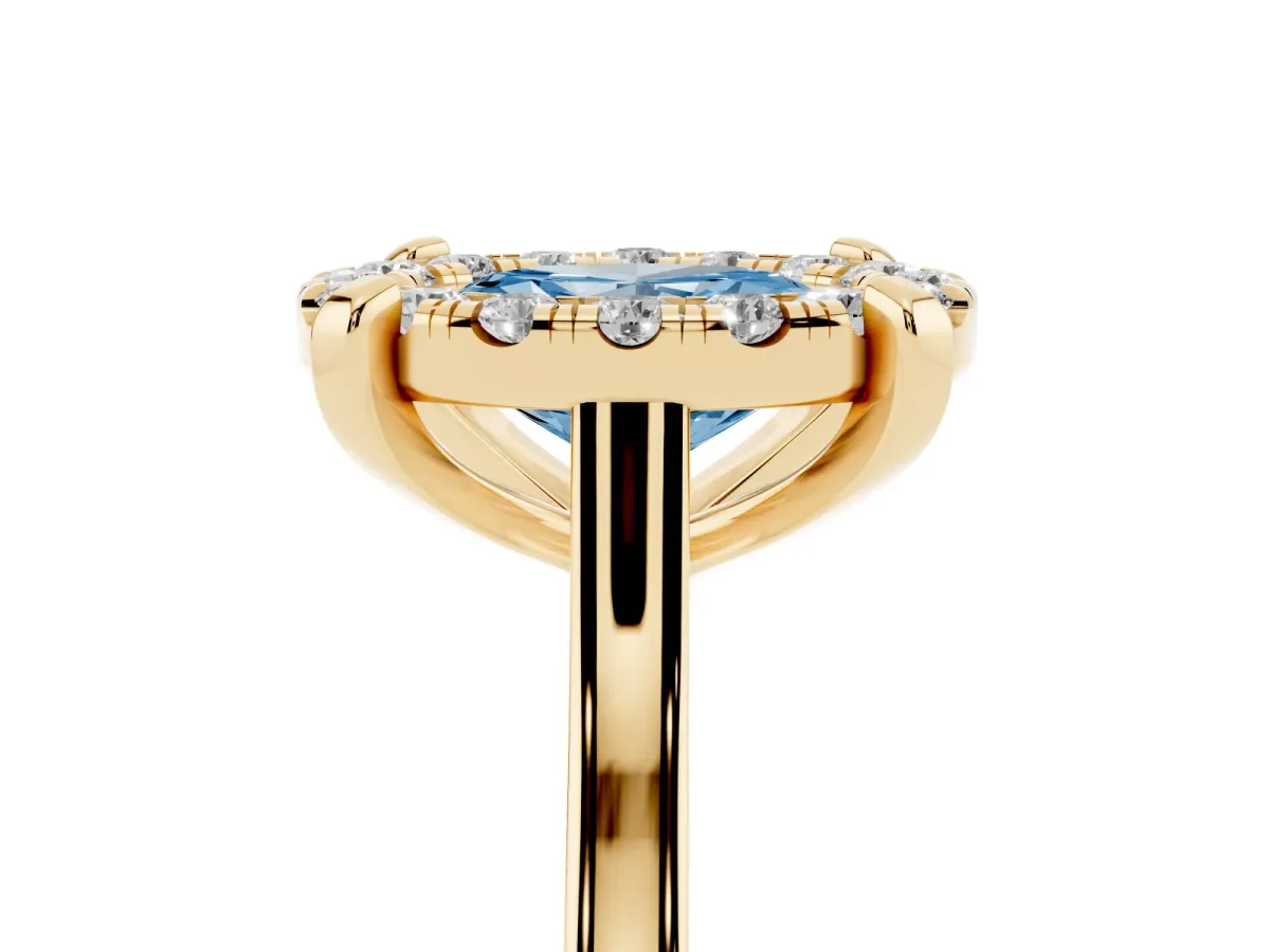 Fancy Blue Oval Cut Diamond Cluster Halo Solitaire with Four-Prong Setting Yellow gold