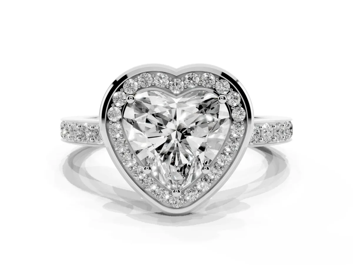 Heart Cut Diamond Halo Ring with Bezel Frame and Pavé Band Silver