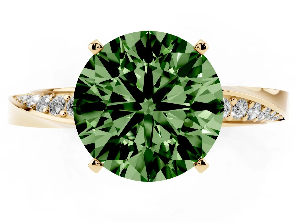 Fancy Green Round Cut Diamond Engagement Ring with Side Stone Accents and Four-Prong Setting Yellow gold