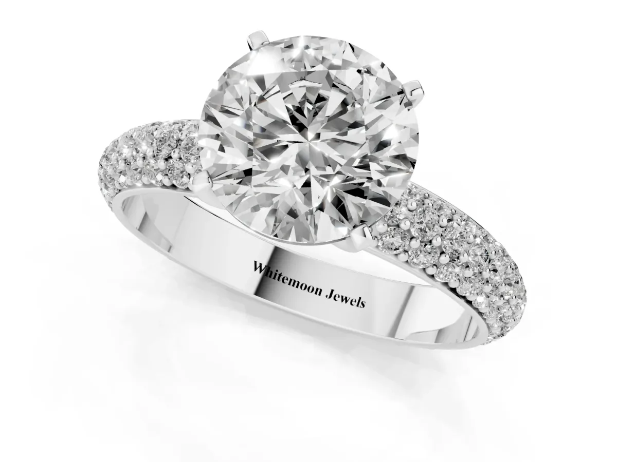 Round Cut Diamond Solitaire Ring with Prong Setting and Pavé Band Silver