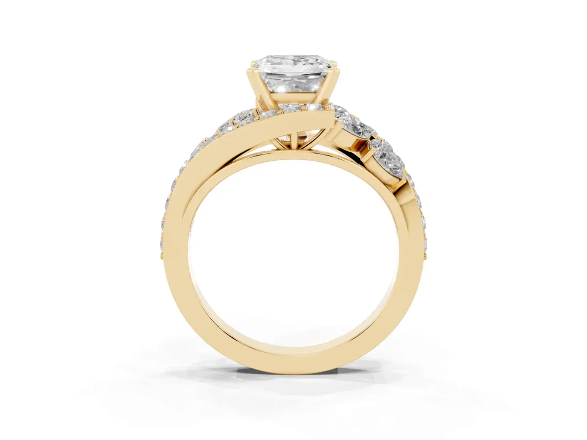 Princess Cut Diamond Halo Ring with Marquise and Pavé Band in Prong Setting Yellow gold