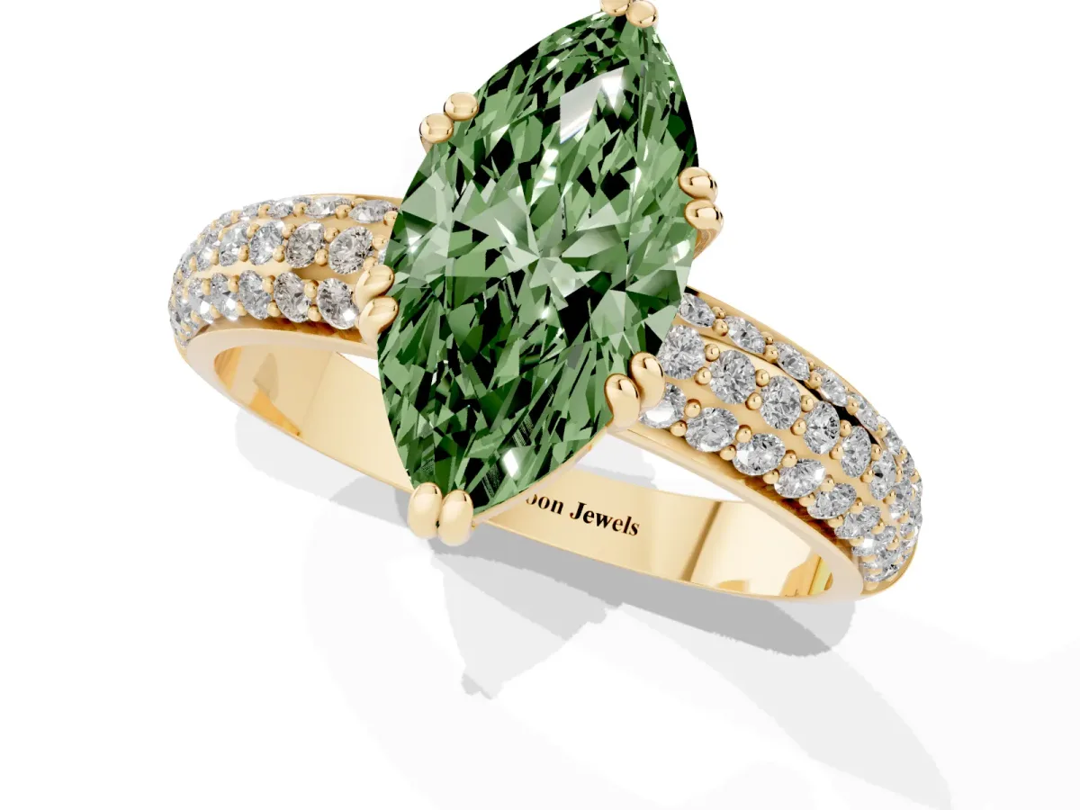Fancy Green Marquise Cut Diamond Solitaire Ring with Multi-Row Round Pavé Band and Prong Setting Yellow gold