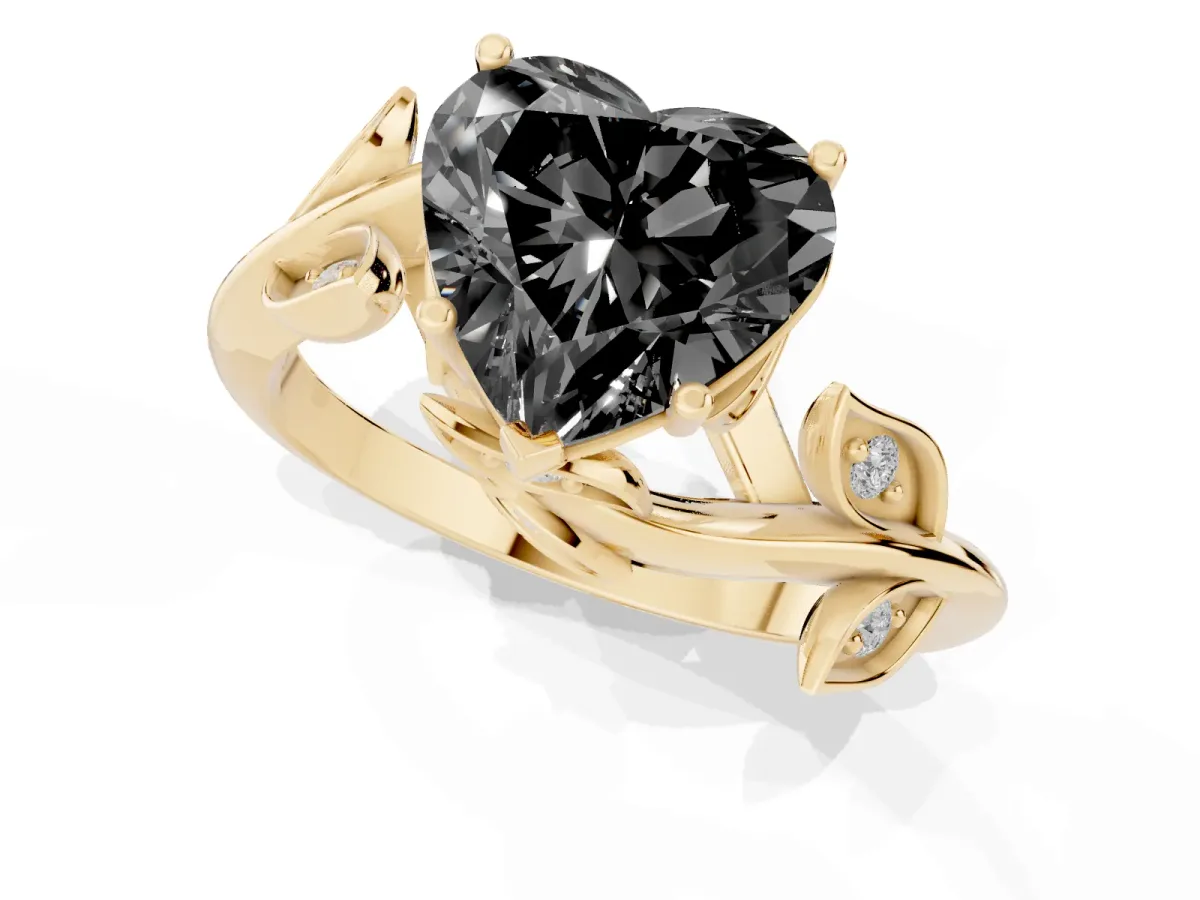 Fancy Black Heart Cut Solitaire Twist Engagement Ring with Leaf Accents and Prong Setting Yellow gold