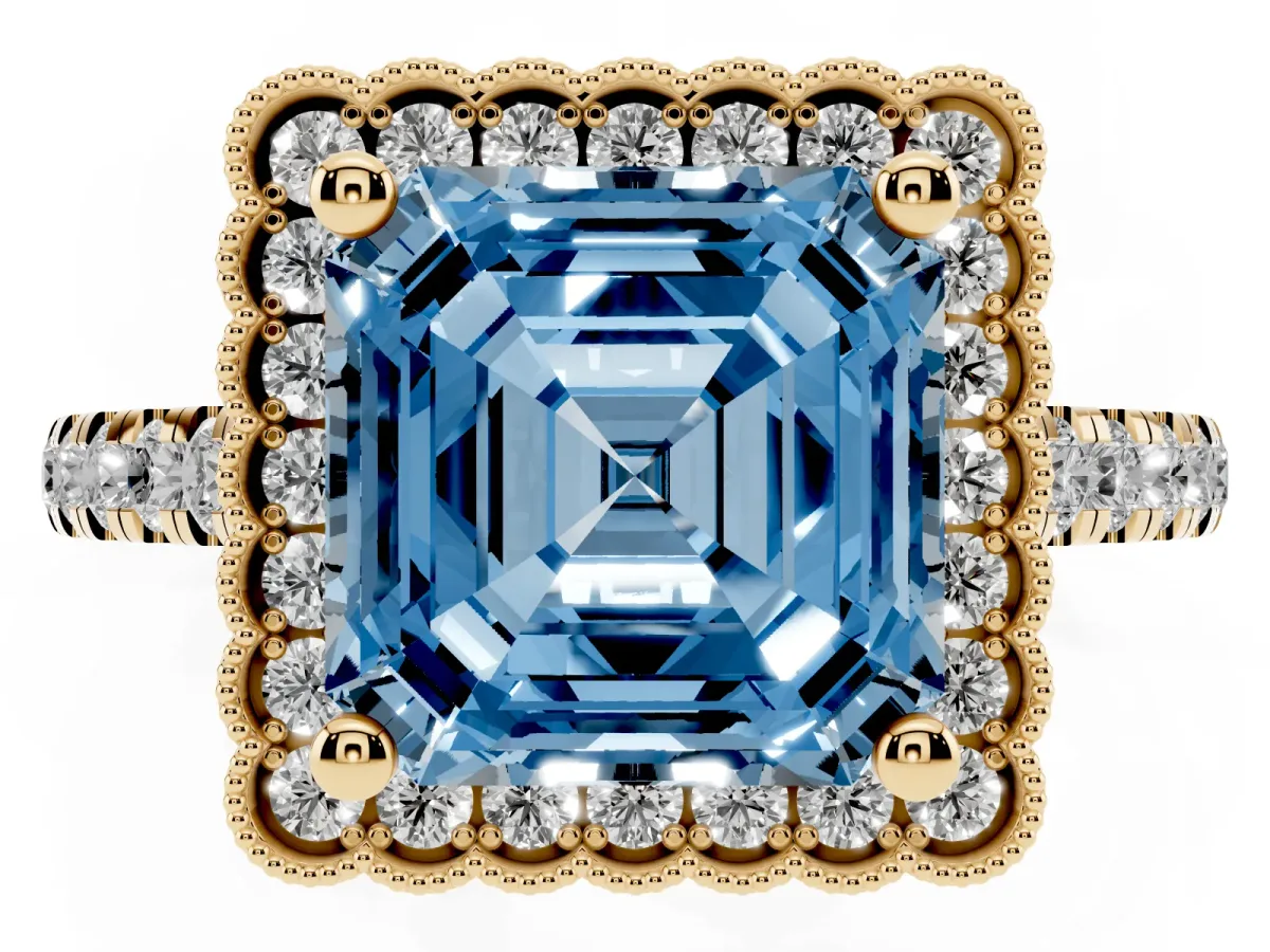 Fancy Blue Asscher Cut Cut Diamond Milgrain Floral Halo Engagement Ring with Pavé Band Yellow gold